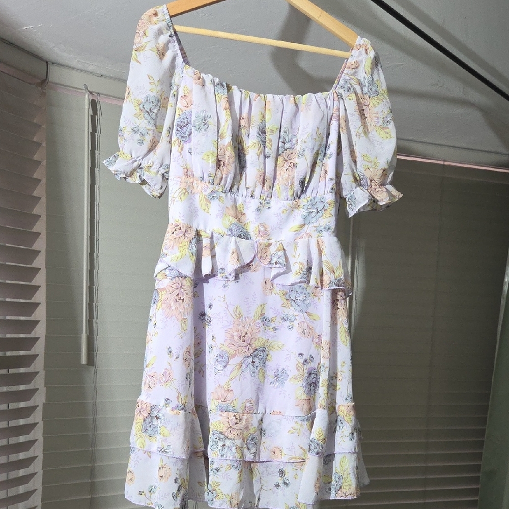 Floral Puff-Sleeve Peplum Mini Dress in Pastel Floral